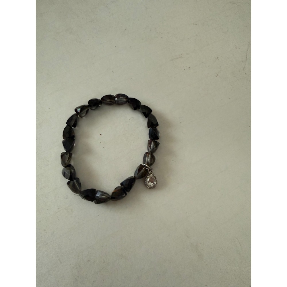 Smoky Quartz Beaded Stretch‎ Bracelet Faceted Grey Stones Crystal Teardrop Charm